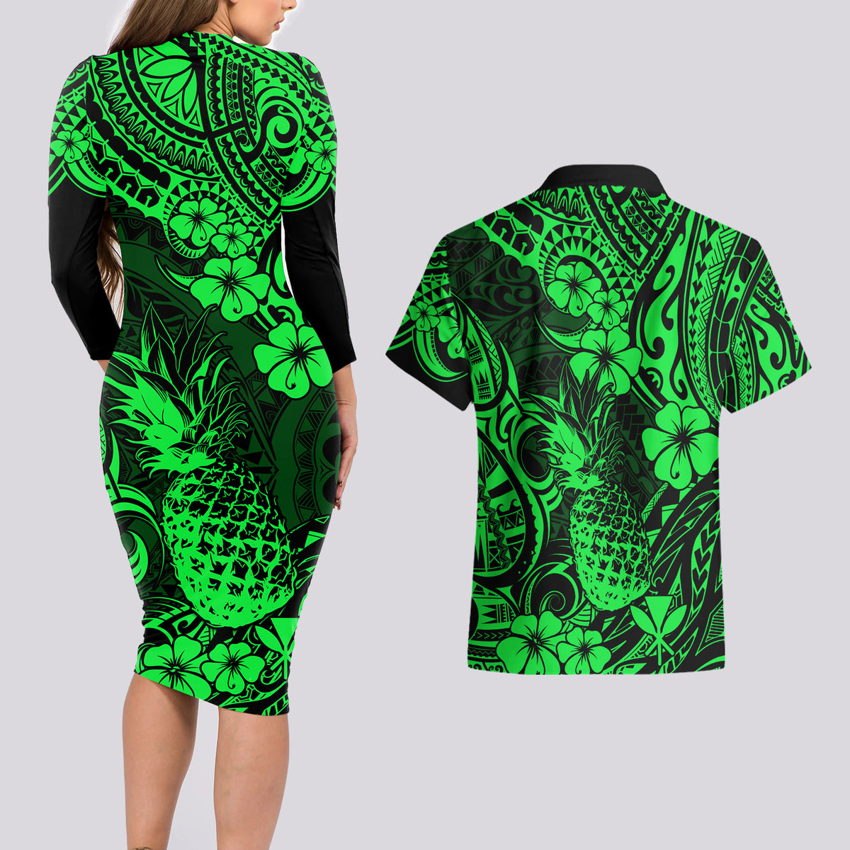 Hawaii Pineapple Couples Matching Long Sleeve Bodycon Dress and Hawaiian Shirt Paradise Flowers Pacific With Green Polynesian Tribal - Wonder Print Shop