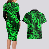 Hawaii Pineapple Couples Matching Long Sleeve Bodycon Dress and Hawaiian Shirt Paradise Flowers Pacific With Green Polynesian Tribal - Wonder Print Shop