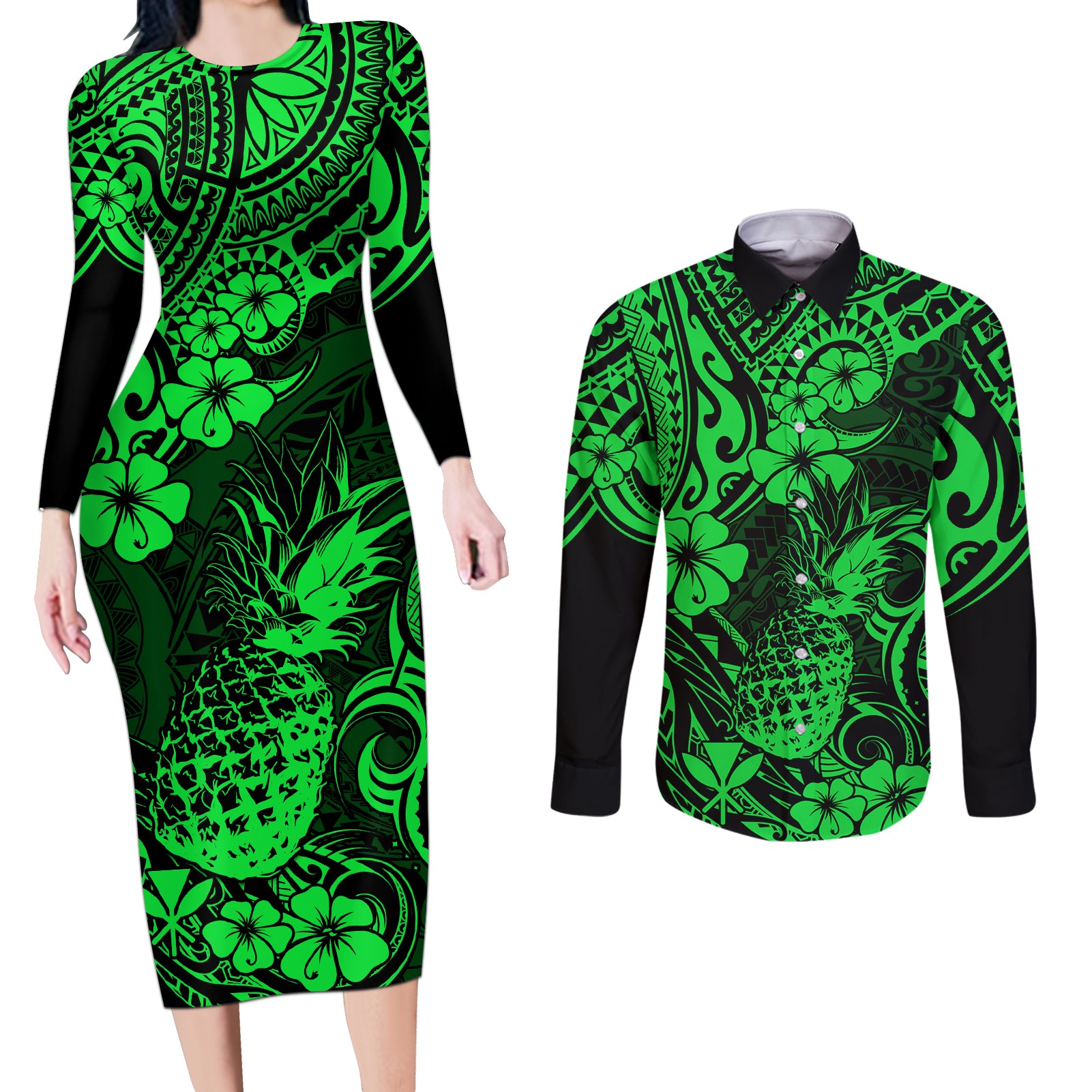 Hawaii Pineapple Couples Matching Long Sleeve Bodycon Dress and Long Sleeve Button Shirts Paradise Flowers Pacific With Green Polynesian Tribal - Wonder Print Shop