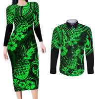 Hawaii Pineapple Couples Matching Long Sleeve Bodycon Dress and Long Sleeve Button Shirts Paradise Flowers Pacific With Green Polynesian Tribal - Wonder Print Shop