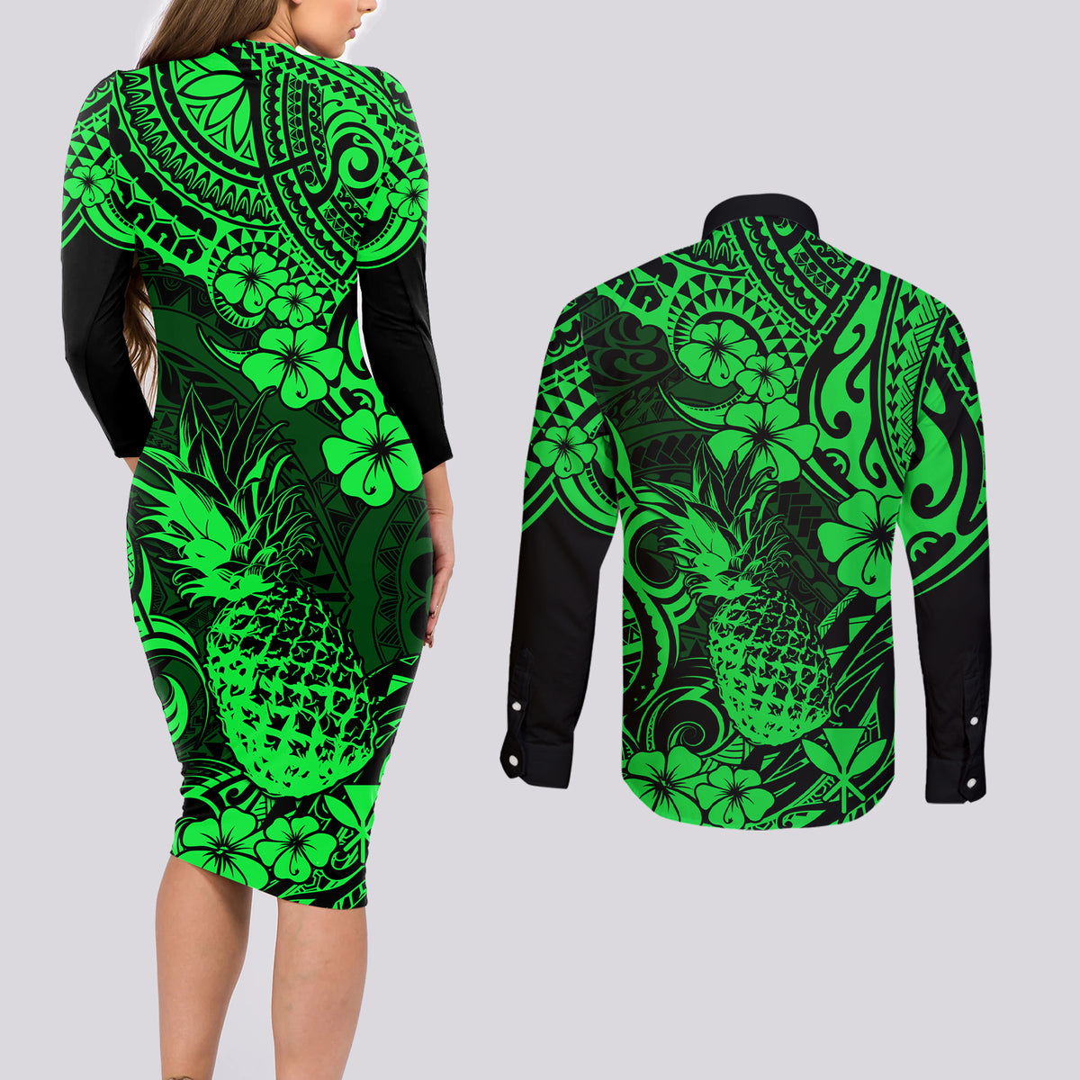 Hawaii Pineapple Couples Matching Long Sleeve Bodycon Dress and Long Sleeve Button Shirts Paradise Flowers Pacific With Green Polynesian Tribal - Wonder Print Shop