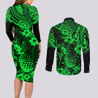 Hawaii Pineapple Couples Matching Long Sleeve Bodycon Dress and Long Sleeve Button Shirts Paradise Flowers Pacific With Green Polynesian Tribal - Wonder Print Shop
