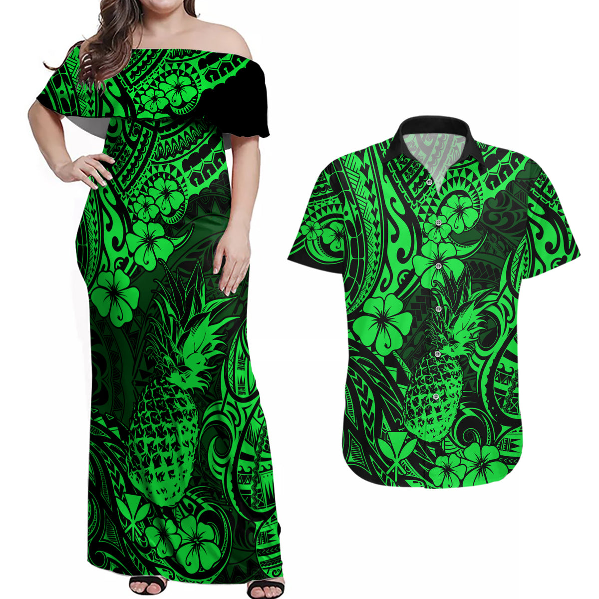Hawaii Pineapple Couples Matching Off Shoulder Maxi Dress and Hawaiian Shirt Paradise Flowers Pacific With Green Polynesian Tribal - Wonder Print Shop