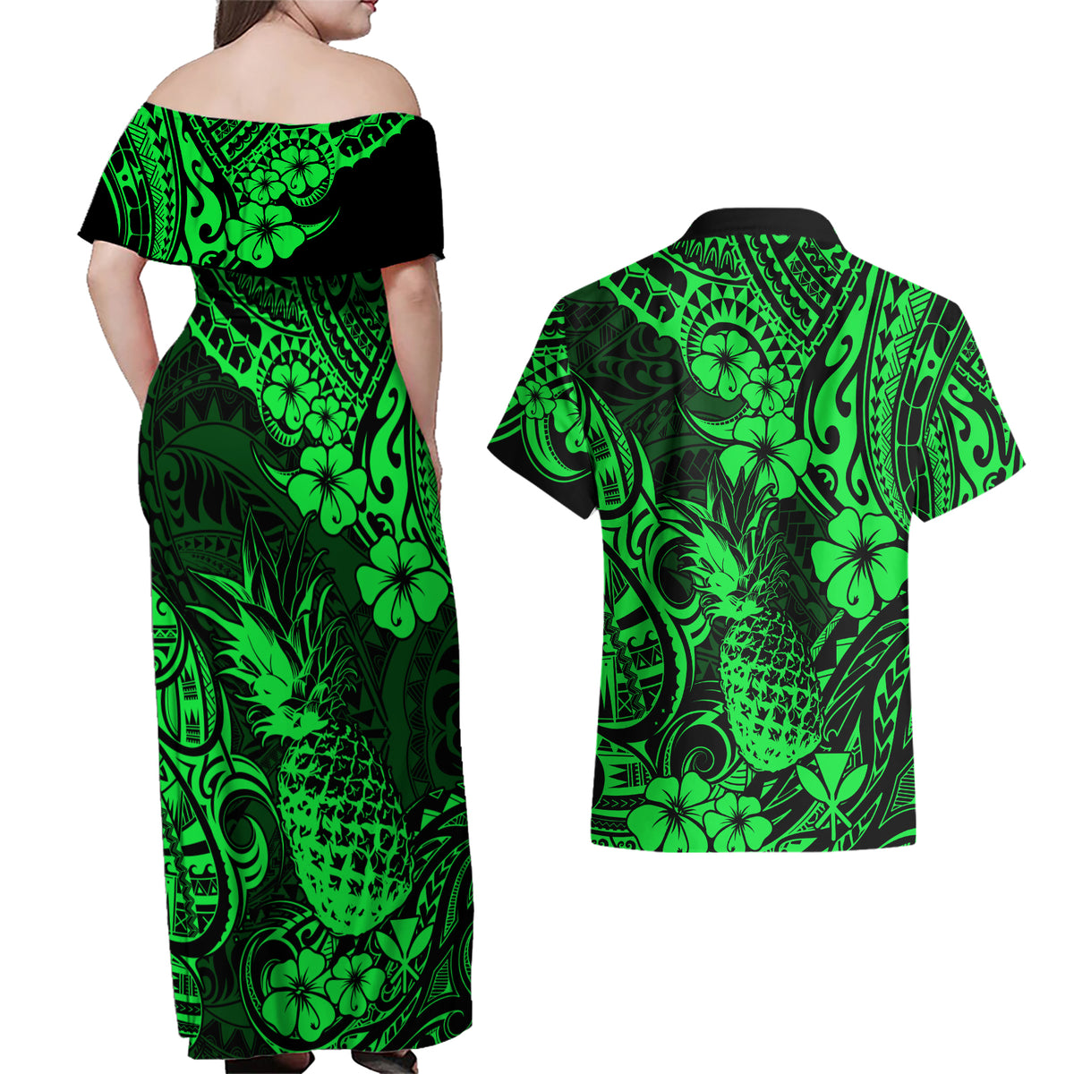 Hawaii Pineapple Couples Matching Off Shoulder Maxi Dress and Hawaiian Shirt Paradise Flowers Pacific With Green Polynesian Tribal - Wonder Print Shop