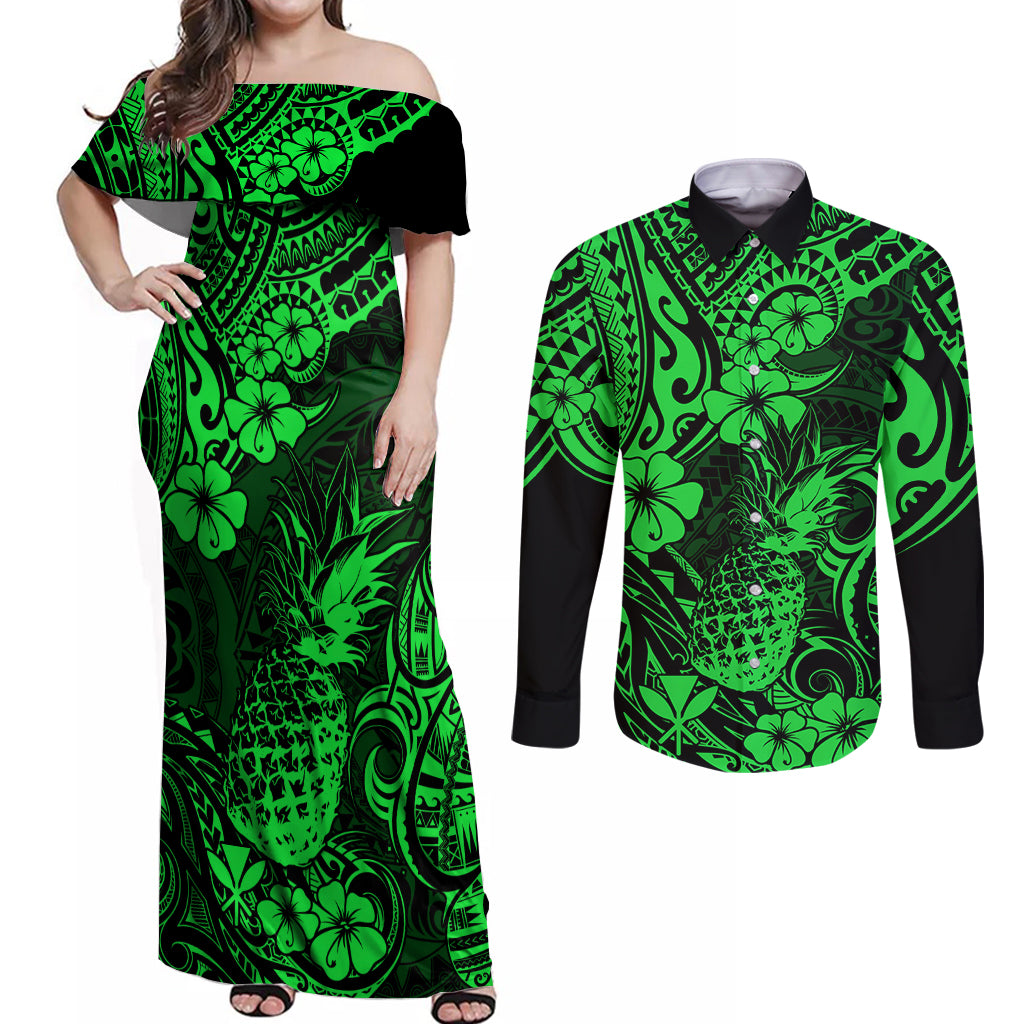 Hawaii Pineapple Couples Matching Off Shoulder Maxi Dress and Long Sleeve Button Shirts Paradise Flowers Pacific With Green Polynesian Tribal - Wonder Print Shop
