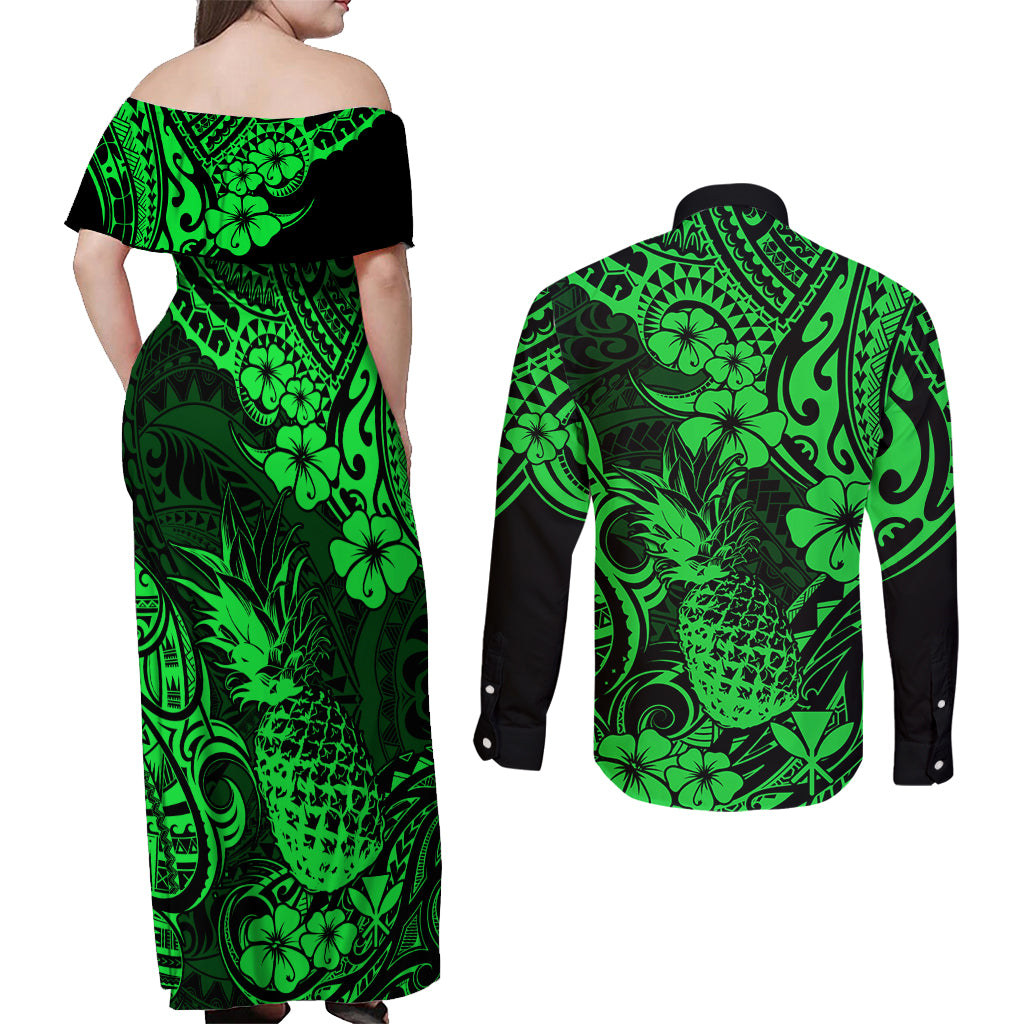 Hawaii Pineapple Couples Matching Off Shoulder Maxi Dress and Long Sleeve Button Shirts Paradise Flowers Pacific With Green Polynesian Tribal - Wonder Print Shop