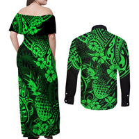Hawaii Pineapple Couples Matching Off Shoulder Maxi Dress and Long Sleeve Button Shirts Paradise Flowers Pacific With Green Polynesian Tribal - Wonder Print Shop
