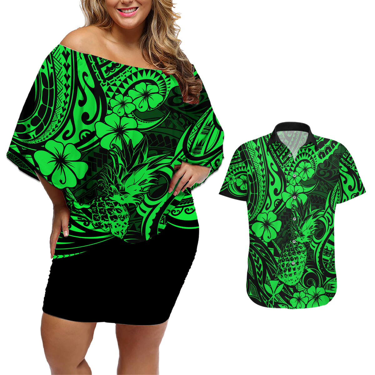 Hawaii Pineapple Couples Matching Off Shoulder Short Dress and Hawaiian Shirt Paradise Flowers Pacific With Green Polynesian Tribal - Wonder Print Shop