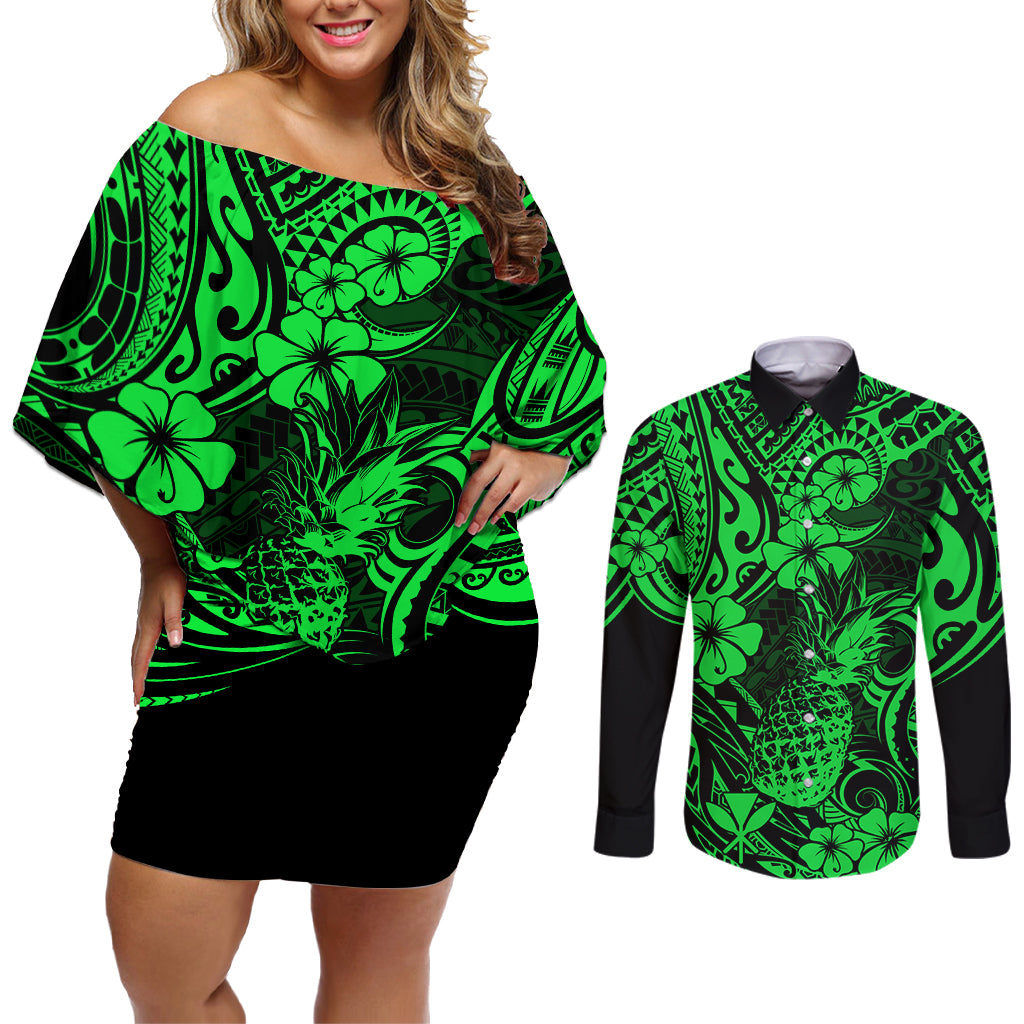 Hawaii Pineapple Couples Matching Off Shoulder Short Dress and Long Sleeve Button Shirts Paradise Flowers Pacific With Green Polynesian Tribal - Wonder Print Shop