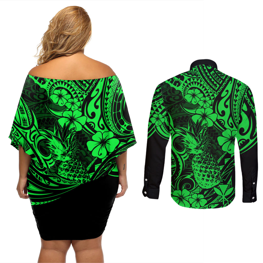 Hawaii Pineapple Couples Matching Off Shoulder Short Dress and Long Sleeve Button Shirts Paradise Flowers Pacific With Green Polynesian Tribal - Wonder Print Shop