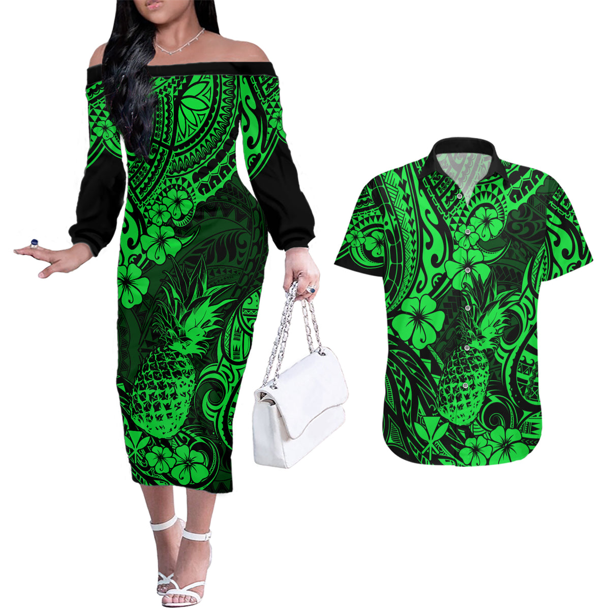 Hawaii Pineapple Couples Matching Off The Shoulder Long Sleeve Dress and Hawaiian Shirt Paradise Flowers Pacific With Green Polynesian Tribal - Wonder Print Shop