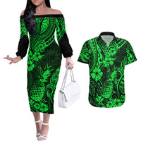 Hawaii Pineapple Couples Matching Off The Shoulder Long Sleeve Dress and Hawaiian Shirt Paradise Flowers Pacific With Green Polynesian Tribal - Wonder Print Shop