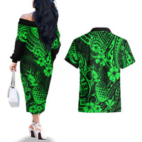 Hawaii Pineapple Couples Matching Off The Shoulder Long Sleeve Dress and Hawaiian Shirt Paradise Flowers Pacific With Green Polynesian Tribal - Wonder Print Shop