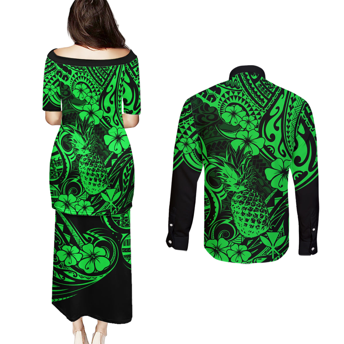 Hawaii Pineapple Couples Matching Puletasi Dress and Long Sleeve Button Shirts Paradise Flowers Pacific With Green Polynesian Tribal - Wonder Print Shop