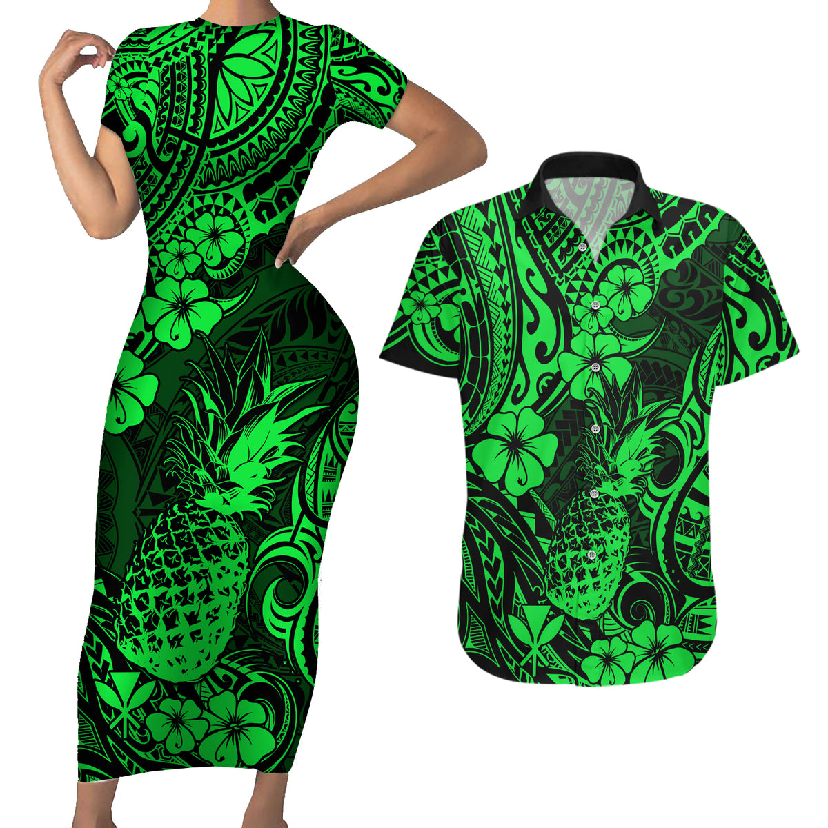Hawaii Pineapple Couples Matching Short Sleeve Bodycon Dress and Hawaiian Shirt Paradise Flowers Pacific With Green Polynesian Tribal - Wonder Print Shop