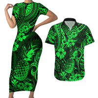 Hawaii Pineapple Couples Matching Short Sleeve Bodycon Dress and Hawaiian Shirt Paradise Flowers Pacific With Green Polynesian Tribal - Wonder Print Shop