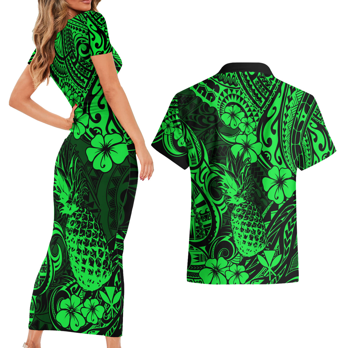 Hawaii Pineapple Couples Matching Short Sleeve Bodycon Dress and Hawaiian Shirt Paradise Flowers Pacific With Green Polynesian Tribal - Wonder Print Shop