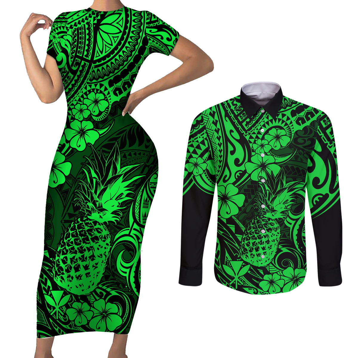 Hawaii Pineapple Couples Matching Short Sleeve Bodycon Dress and Long Sleeve Button Shirts Paradise Flowers Pacific With Green Polynesian Tribal - Wonder Print Shop