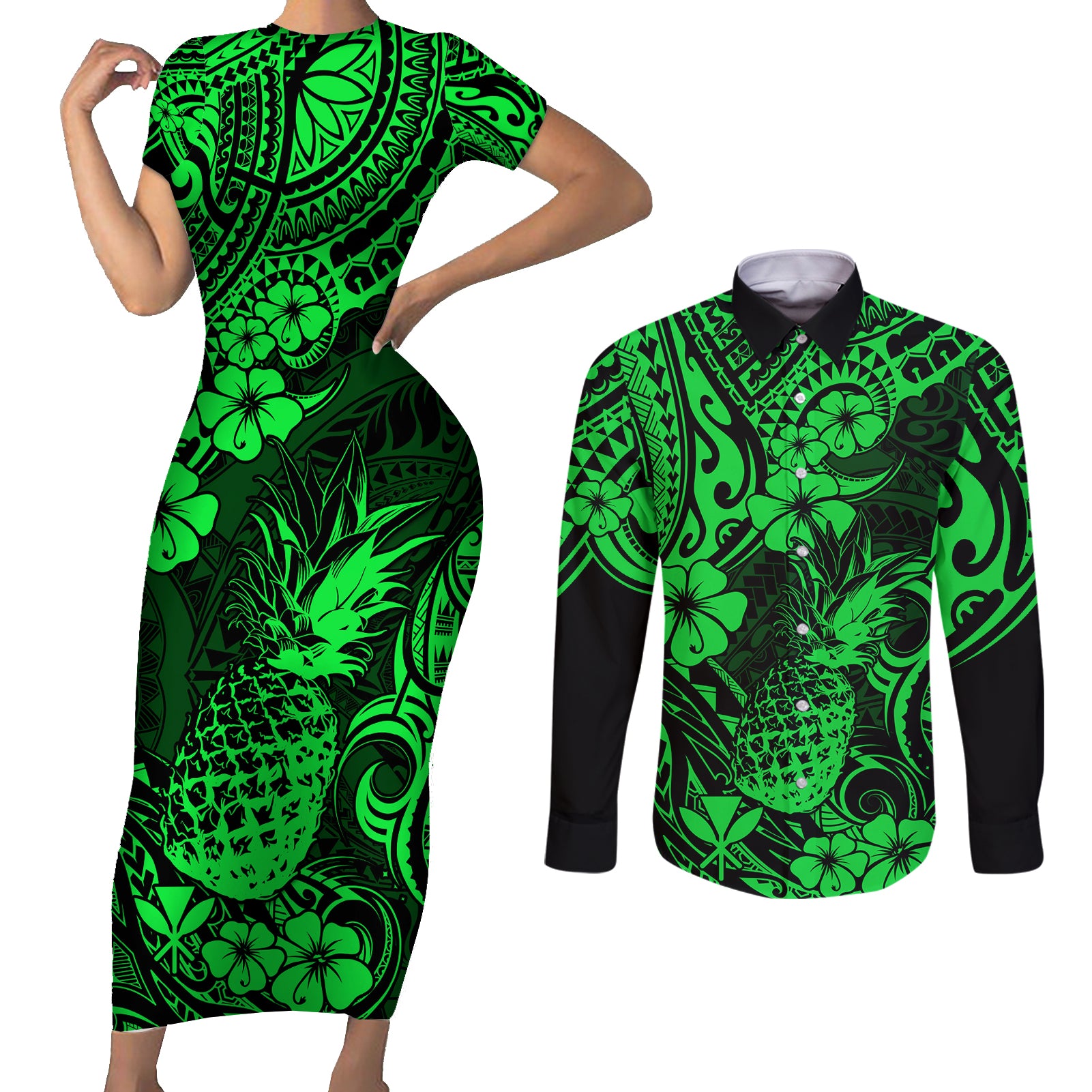 Hawaii Pineapple Couples Matching Short Sleeve Bodycon Dress and Long Sleeve Button Shirts Paradise Flowers Pacific With Green Polynesian Tribal - Wonder Print Shop