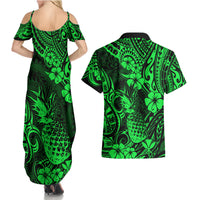Hawaii Pineapple Couples Matching Summer Maxi Dress and Hawaiian Shirt Paradise Flowers Pacific With Green Polynesian Tribal - Wonder Print Shop