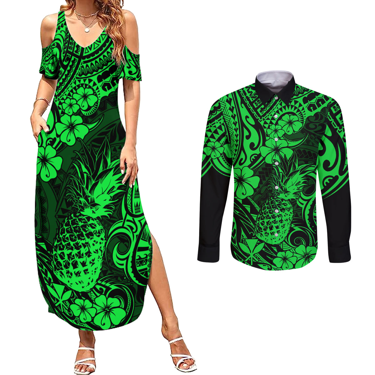 Hawaii Pineapple Couples Matching Summer Maxi Dress and Long Sleeve Button Shirts Paradise Flowers Pacific With Green Polynesian Tribal - Wonder Print Shop