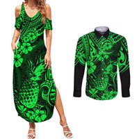 Hawaii Pineapple Couples Matching Summer Maxi Dress and Long Sleeve Button Shirts Paradise Flowers Pacific With Green Polynesian Tribal - Wonder Print Shop