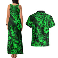 Hawaii Pineapple Couples Matching Tank Maxi Dress and Hawaiian Shirt Paradise Flowers Pacific With Green Polynesian Tribal - Wonder Print Shop