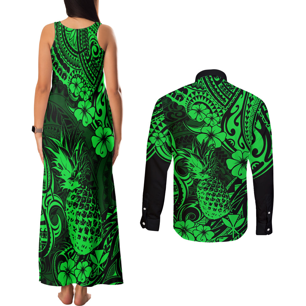 Hawaii Pineapple Couples Matching Tank Maxi Dress and Long Sleeve Button Shirts Paradise Flowers Pacific With Green Polynesian Tribal - Wonder Print Shop