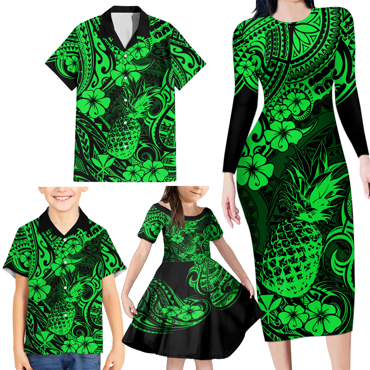 Hawaii Pineapple Family Matching Long Sleeve Bodycon Dress and Hawaiian Shirt Paradise Flowers Pacific With Green Polynesian Tribal - Wonder Print Shop