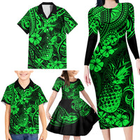 Hawaii Pineapple Family Matching Long Sleeve Bodycon Dress and Hawaiian Shirt Paradise Flowers Pacific With Green Polynesian Tribal - Wonder Print Shop