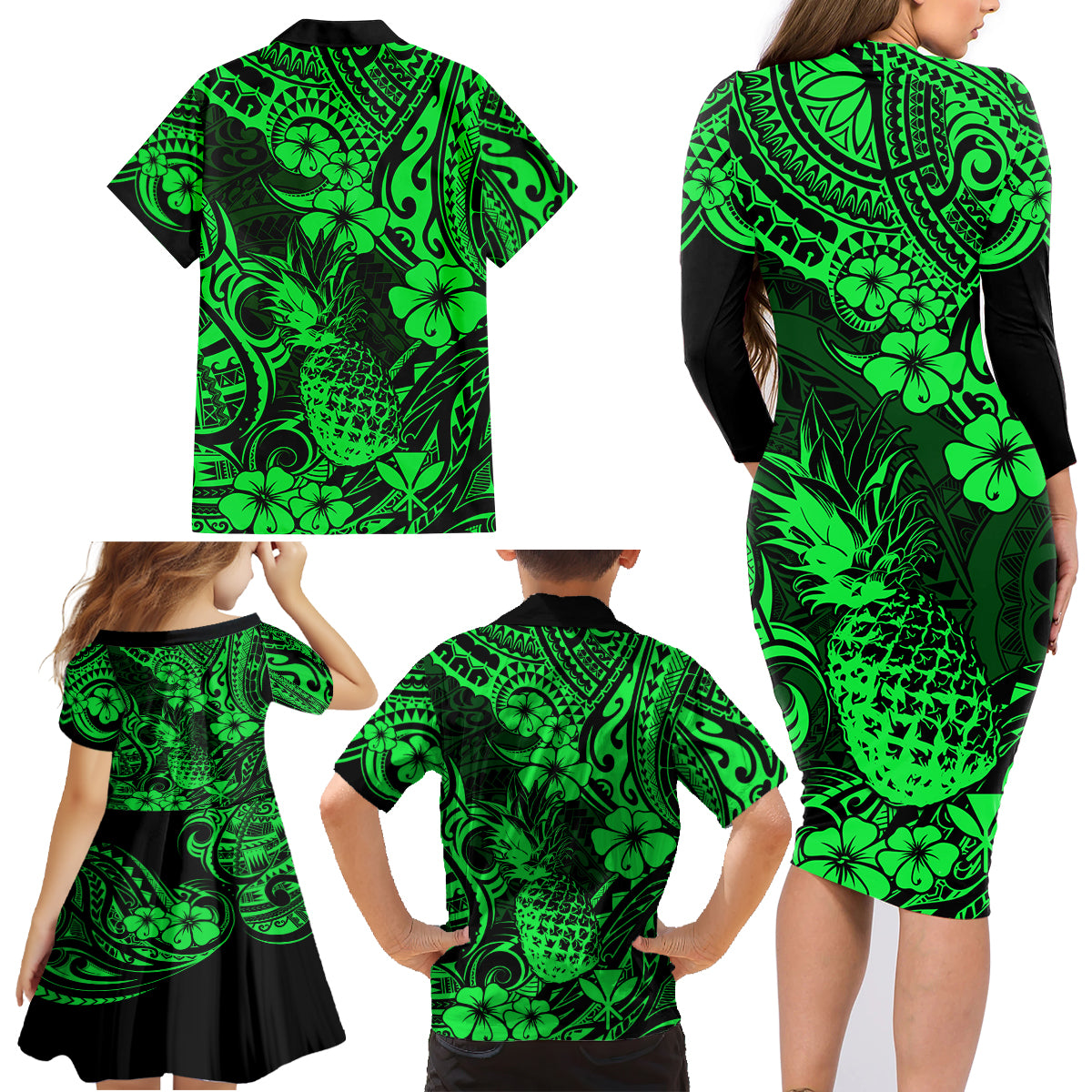 Hawaii Pineapple Family Matching Long Sleeve Bodycon Dress and Hawaiian Shirt Paradise Flowers Pacific With Green Polynesian Tribal - Wonder Print Shop