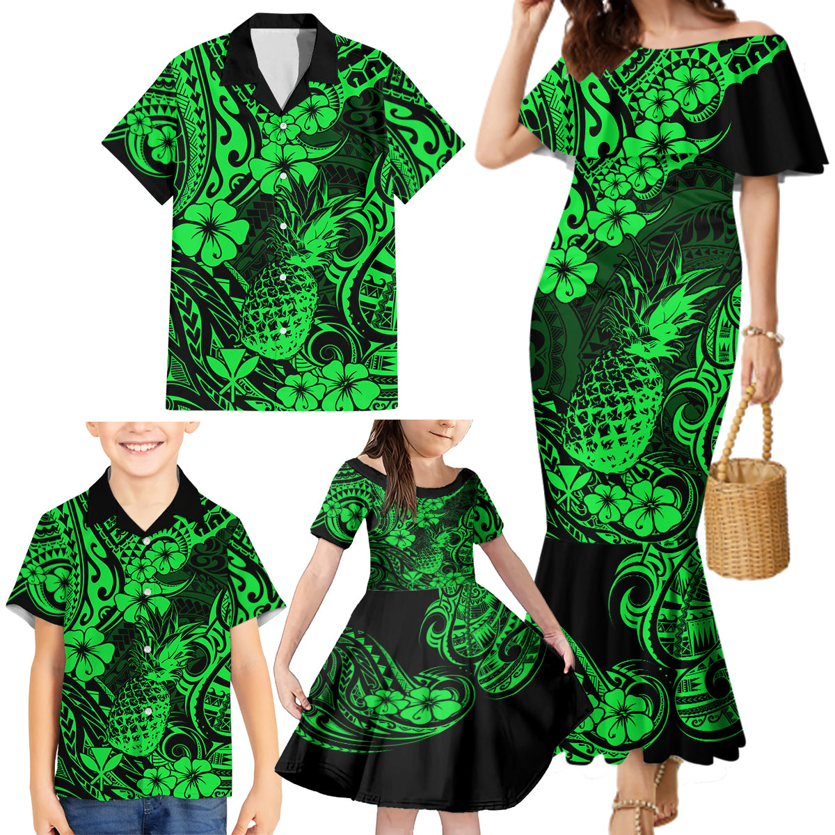 Hawaii Pineapple Family Matching Mermaid Dress and Hawaiian Shirt Paradise Flowers Pacific With Green Polynesian Tribal - Wonder Print Shop