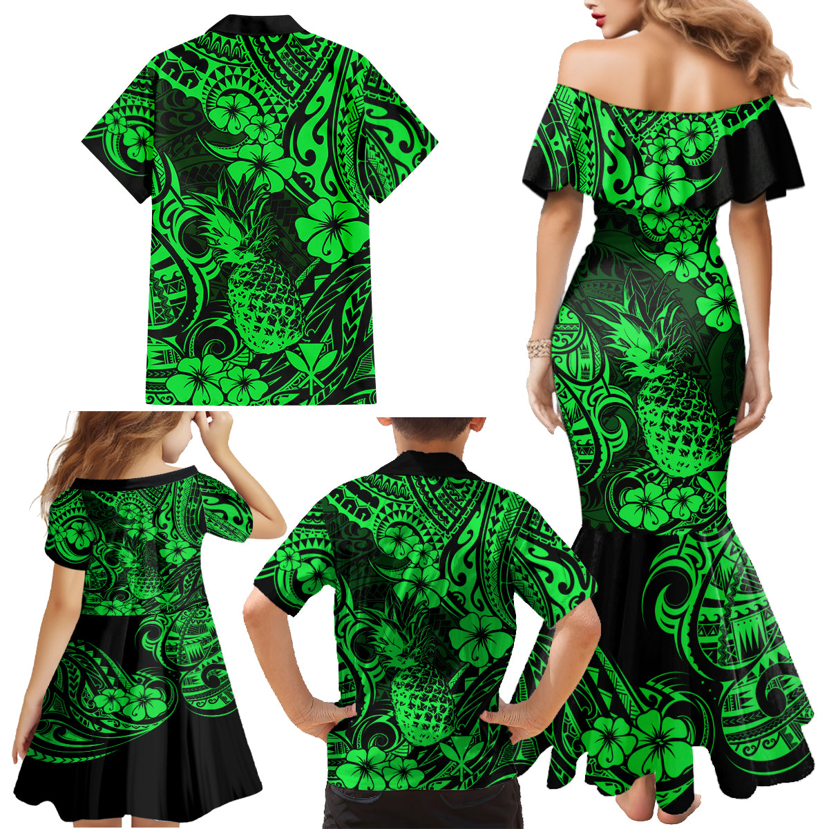 Hawaii Pineapple Family Matching Mermaid Dress and Hawaiian Shirt Paradise Flowers Pacific With Green Polynesian Tribal - Wonder Print Shop