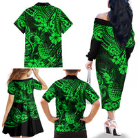 Hawaii Pineapple Family Matching Off Shoulder Long Sleeve Dress and Hawaiian Shirt Paradise Flowers Pacific With Green Polynesian Tribal - Wonder Print Shop