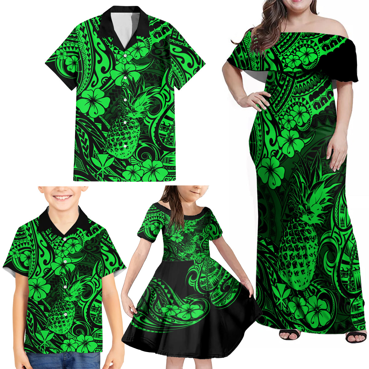 Hawaii Pineapple Family Matching Off Shoulder Maxi Dress and Hawaiian Shirt Paradise Flowers Pacific With Green Polynesian Tribal - Wonder Print Shop