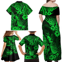 Hawaii Pineapple Family Matching Off Shoulder Maxi Dress and Hawaiian Shirt Paradise Flowers Pacific With Green Polynesian Tribal - Wonder Print Shop