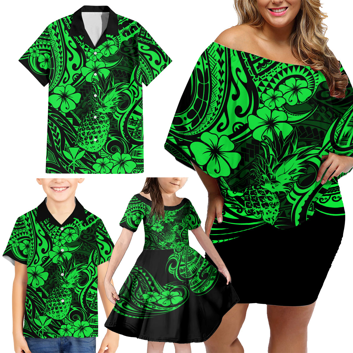 Hawaii Pineapple Family Matching Off Shoulder Short Dress and Hawaiian Shirt Paradise Flowers Pacific With Green Polynesian Tribal - Wonder Print Shop