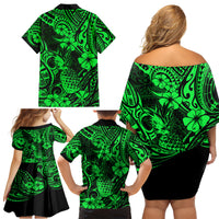Hawaii Pineapple Family Matching Off Shoulder Short Dress and Hawaiian Shirt Paradise Flowers Pacific With Green Polynesian Tribal - Wonder Print Shop