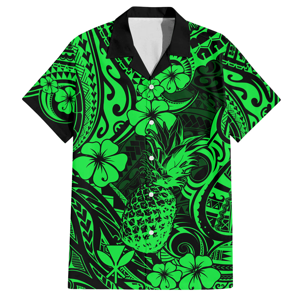 Hawaii Pineapple Family Matching Off Shoulder Short Dress and Hawaiian Shirt Paradise Flowers Pacific With Green Polynesian Tribal - Wonder Print Shop