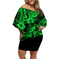 Hawaii Pineapple Family Matching Off Shoulder Short Dress and Hawaiian Shirt Paradise Flowers Pacific With Green Polynesian Tribal - Wonder Print Shop