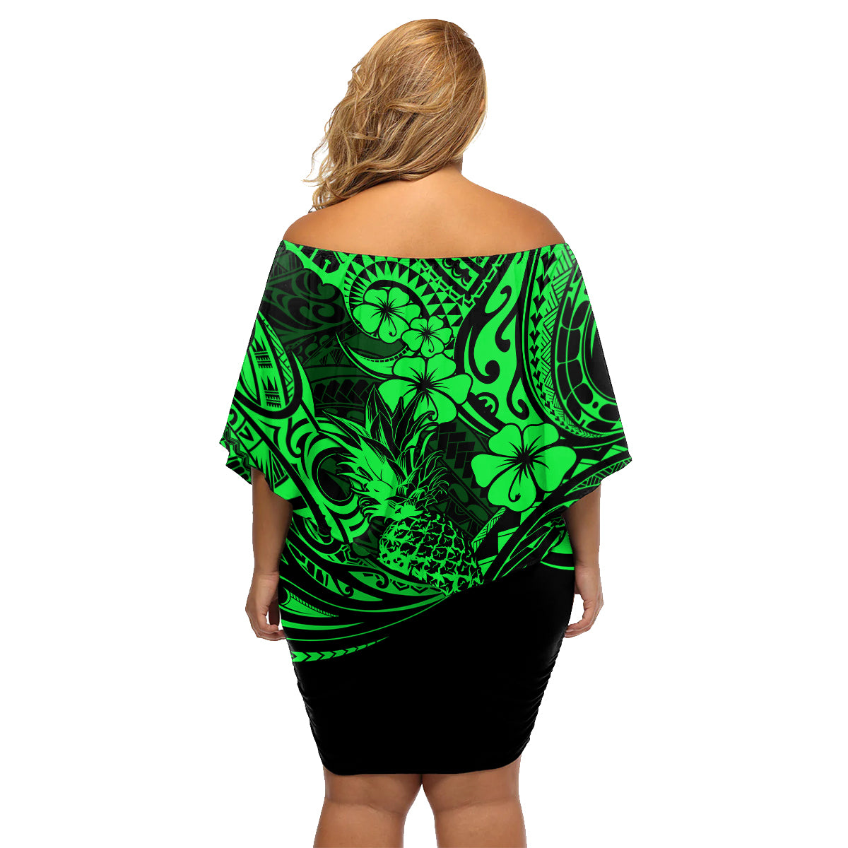 Hawaii Pineapple Family Matching Off Shoulder Short Dress and Hawaiian Shirt Paradise Flowers Pacific With Green Polynesian Tribal - Wonder Print Shop