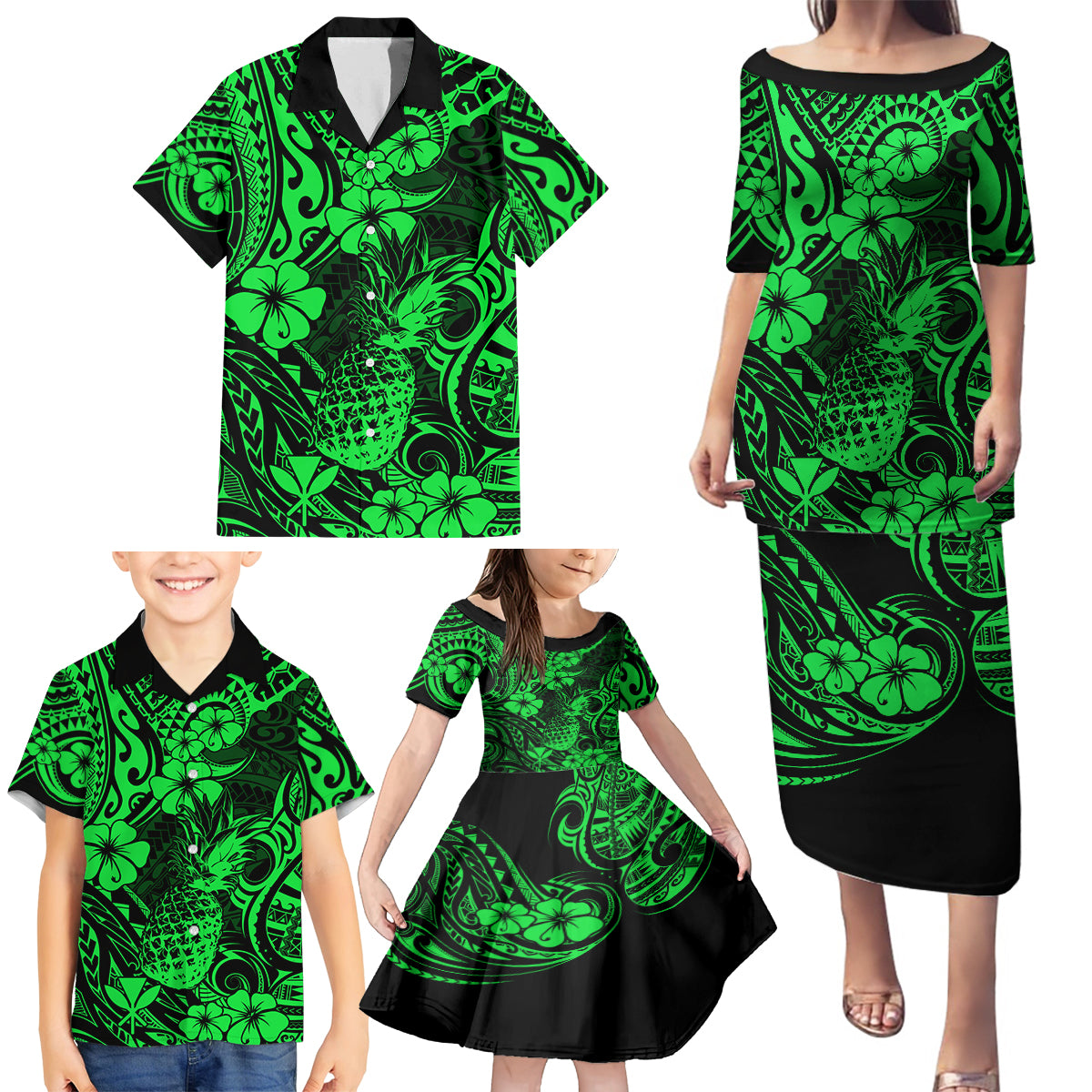 Hawaii Pineapple Family Matching Puletasi Dress and Hawaiian Shirt Paradise Flowers Pacific With Green Polynesian Tribal - Wonder Print Shop