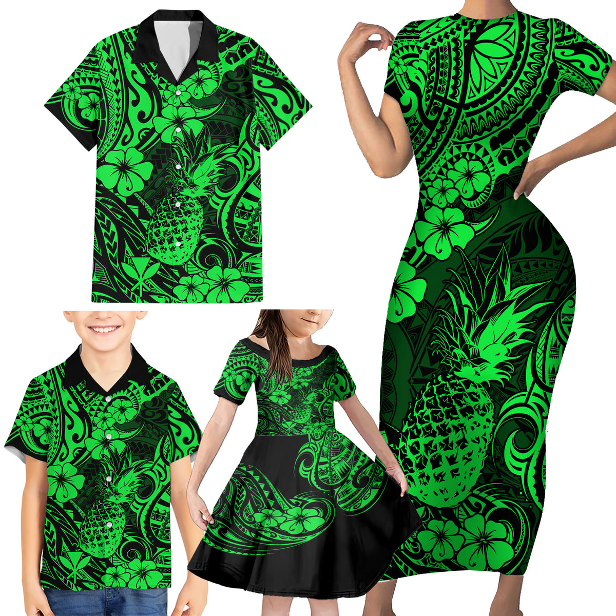 Hawaii Pineapple Family Matching Short Sleeve Bodycon Dress and Hawaiian Shirt Paradise Flowers Pacific With Green Polynesian Tribal - Wonder Print Shop