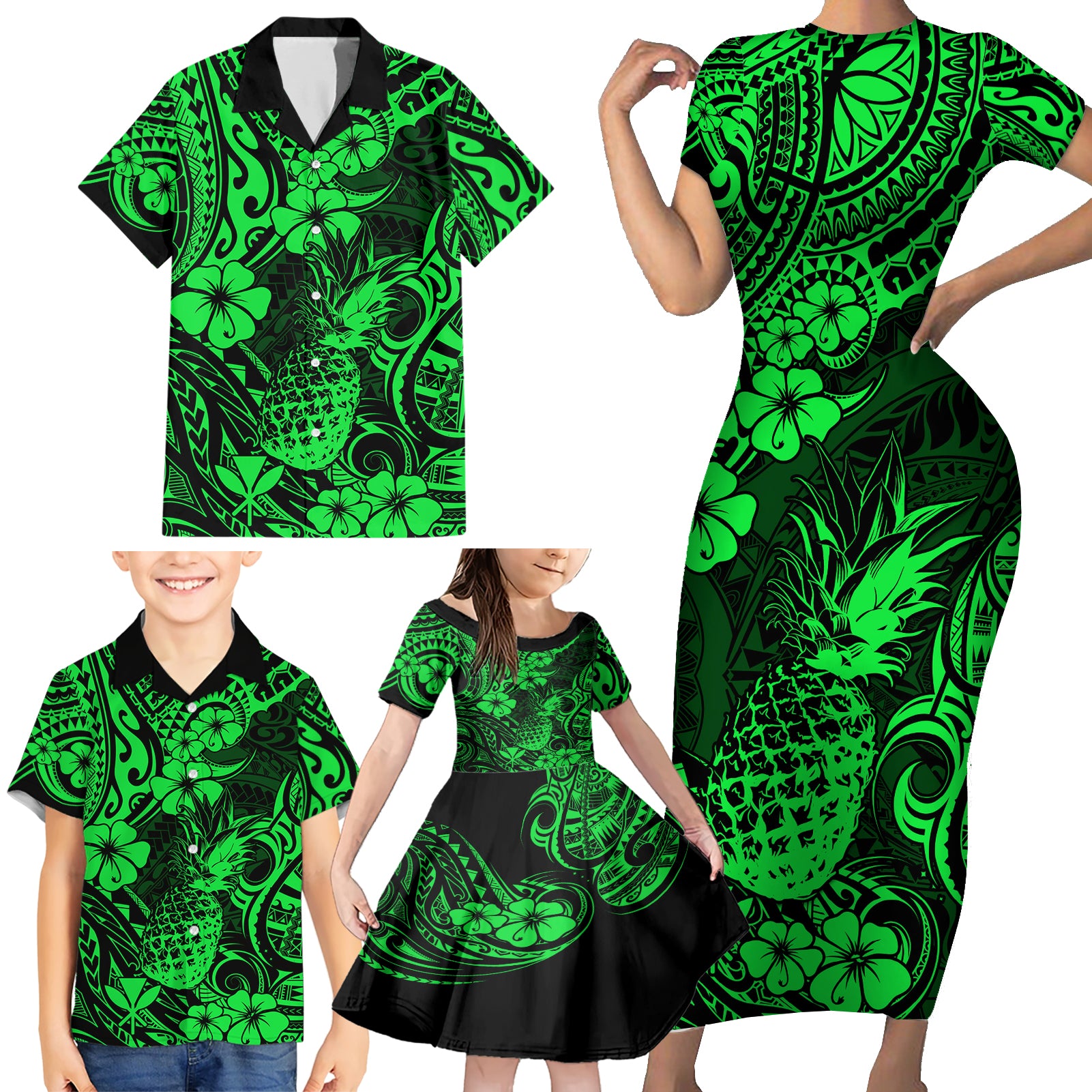 Hawaii Pineapple Family Matching Short Sleeve Bodycon Dress and Hawaiian Shirt Paradise Flowers Pacific With Green Polynesian Tribal - Wonder Print Shop
