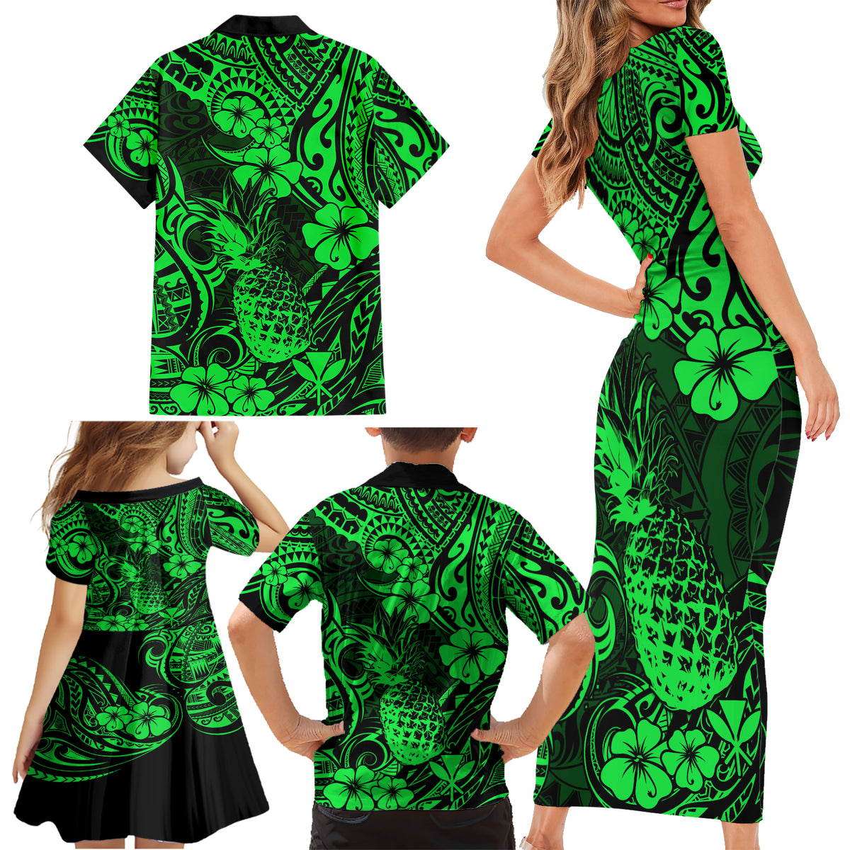 Hawaii Pineapple Family Matching Short Sleeve Bodycon Dress and Hawaiian Shirt Paradise Flowers Pacific With Green Polynesian Tribal - Wonder Print Shop