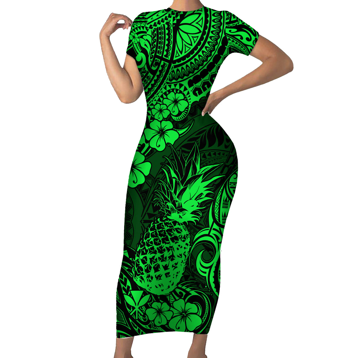 Hawaii Pineapple Family Matching Short Sleeve Bodycon Dress and Hawaiian Shirt Paradise Flowers Pacific With Green Polynesian Tribal - Wonder Print Shop
