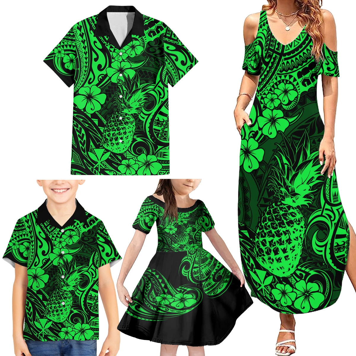 Hawaii Pineapple Family Matching Summer Maxi Dress and Hawaiian Shirt Paradise Flowers Pacific With Green Polynesian Tribal - Wonder Print Shop