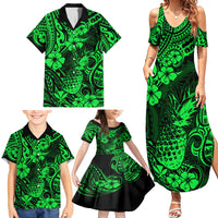 Hawaii Pineapple Family Matching Summer Maxi Dress and Hawaiian Shirt Paradise Flowers Pacific With Green Polynesian Tribal - Wonder Print Shop
