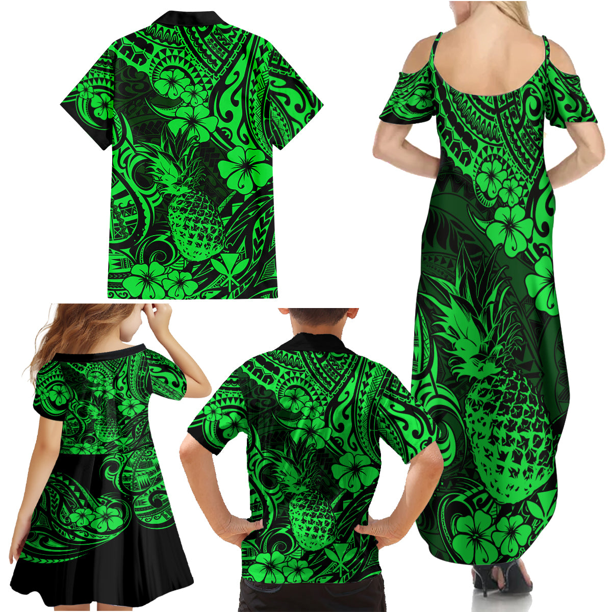 Hawaii Pineapple Family Matching Summer Maxi Dress and Hawaiian Shirt Paradise Flowers Pacific With Green Polynesian Tribal - Wonder Print Shop