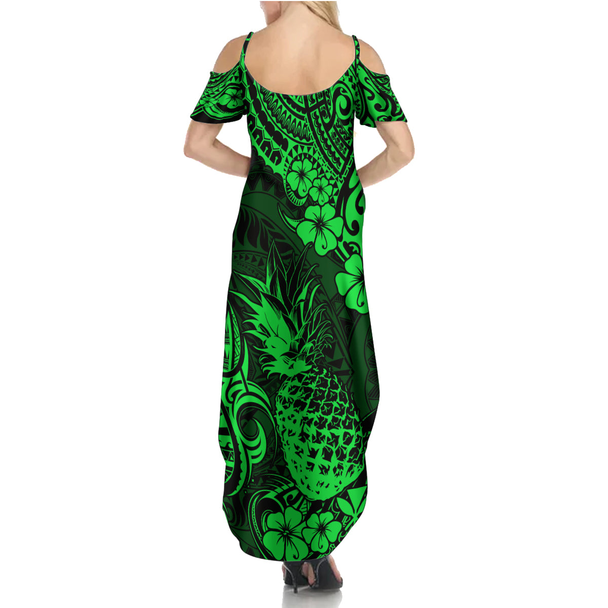 Hawaii Pineapple Family Matching Summer Maxi Dress and Hawaiian Shirt Paradise Flowers Pacific With Green Polynesian Tribal - Wonder Print Shop